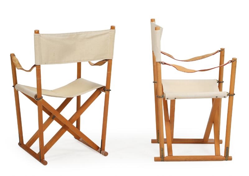 Artwork by Mogens S. Koch, Set of six beech folding chairs with matching rack, Made of Beech, Light Canvas, Full Grain Leather
