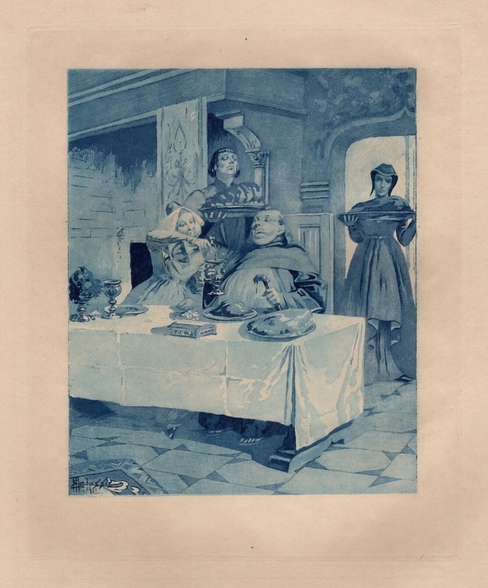 Artwork by Edmond Malassis, THE DINNER TABLE, Made of Copper Plate Engraving In Blue Ink On Velin Paper