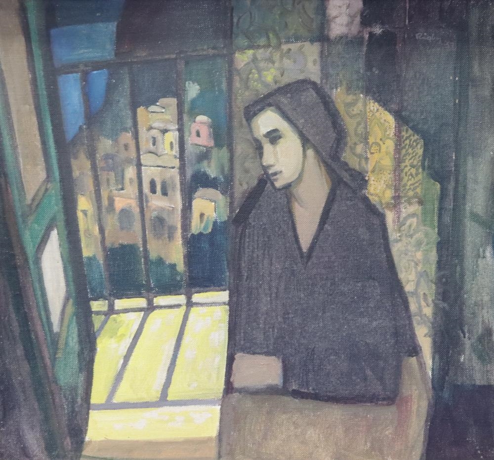 Artwork by John Rigby, LADY AT THE WINDOW, Made of Oil On Board