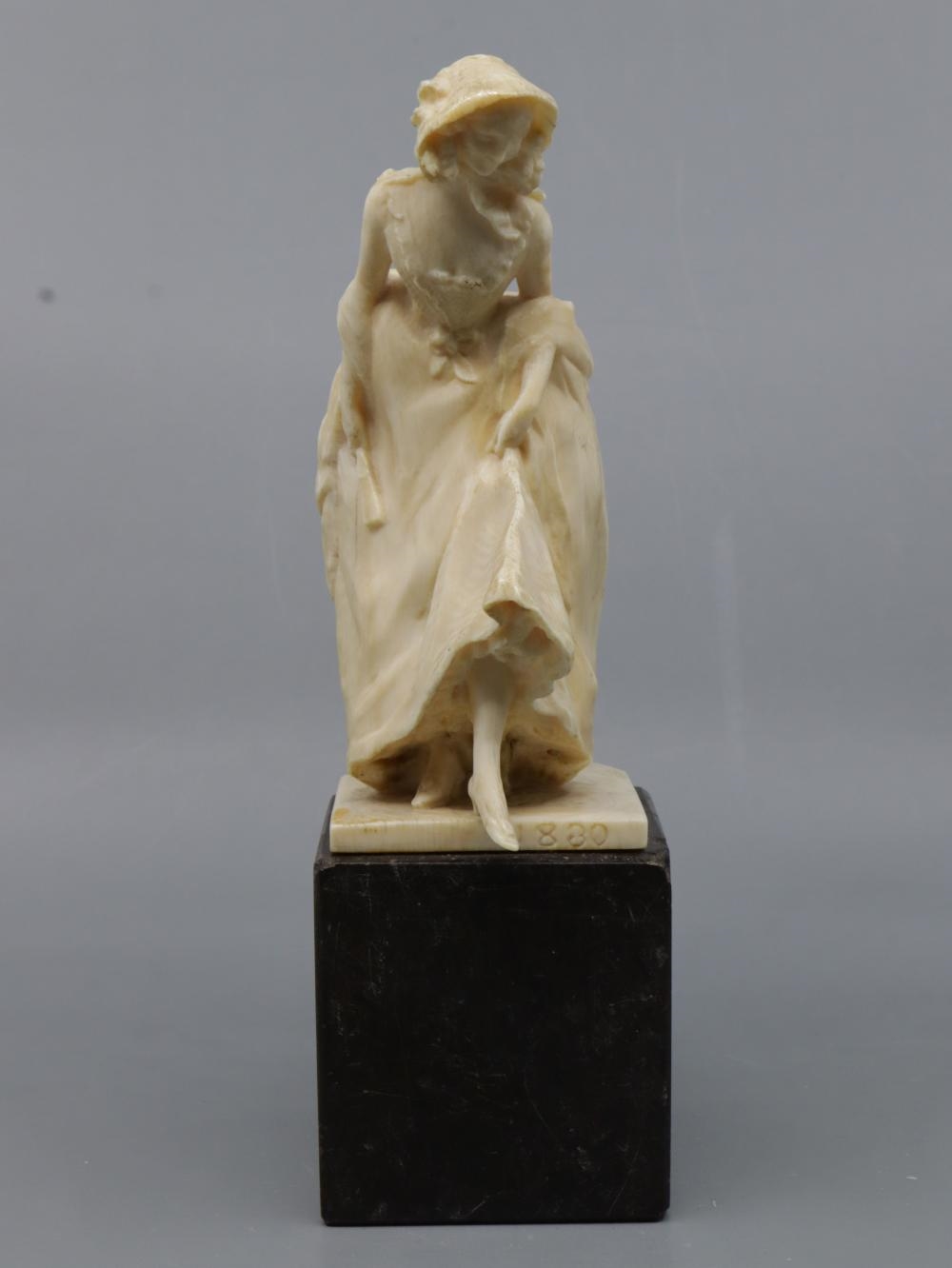 Artwork by Henri Frédéric Varenne, ANTIQUE FRENCH HAND-CARVED NON-COMPOSITE FIGURE OF A PERIOD LADY STEPPING OUT WITH A HAND FAN, Made of Hand-Carved