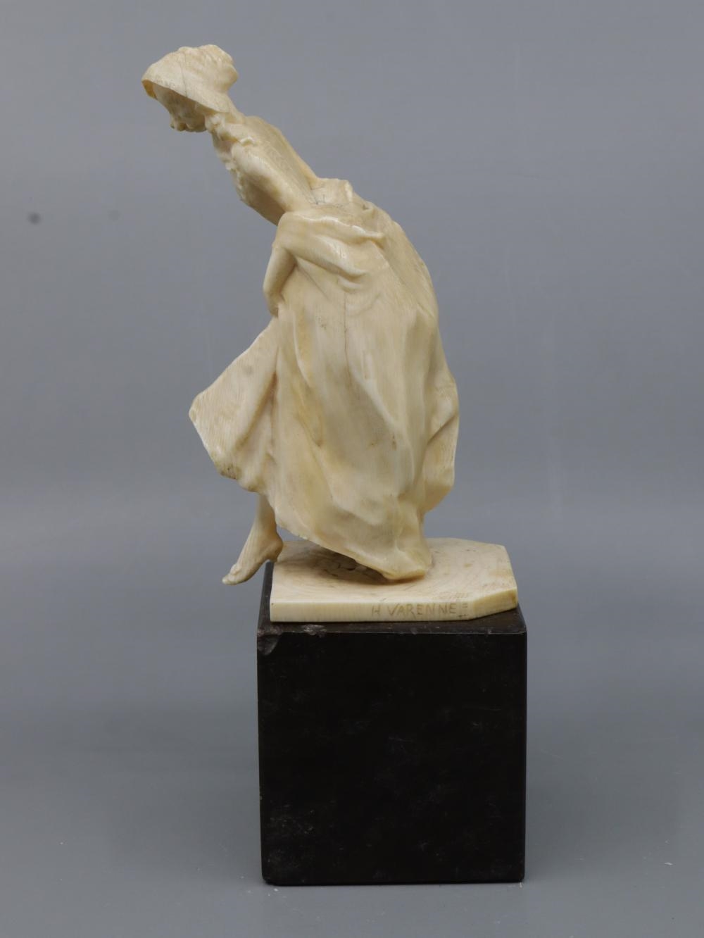 Artwork by Henri Frédéric Varenne, ANTIQUE FRENCH HAND-CARVED NON-COMPOSITE FIGURE OF A PERIOD LADY STEPPING OUT WITH A HAND FAN, Made of Hand-Carved