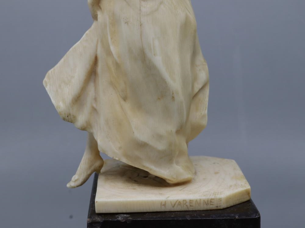 Artwork by Henri Frédéric Varenne, ANTIQUE FRENCH HAND-CARVED NON-COMPOSITE FIGURE OF A PERIOD LADY STEPPING OUT WITH A HAND FAN, Made of Hand-Carved