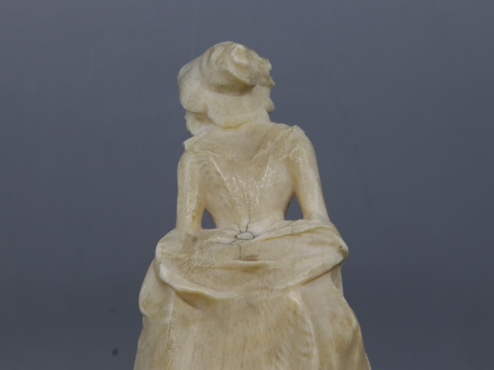 Artwork by Henri Frédéric Varenne, ANTIQUE FRENCH HAND-CARVED NON-COMPOSITE FIGURE OF A PERIOD LADY STEPPING OUT WITH A HAND FAN, Made of Hand-Carved