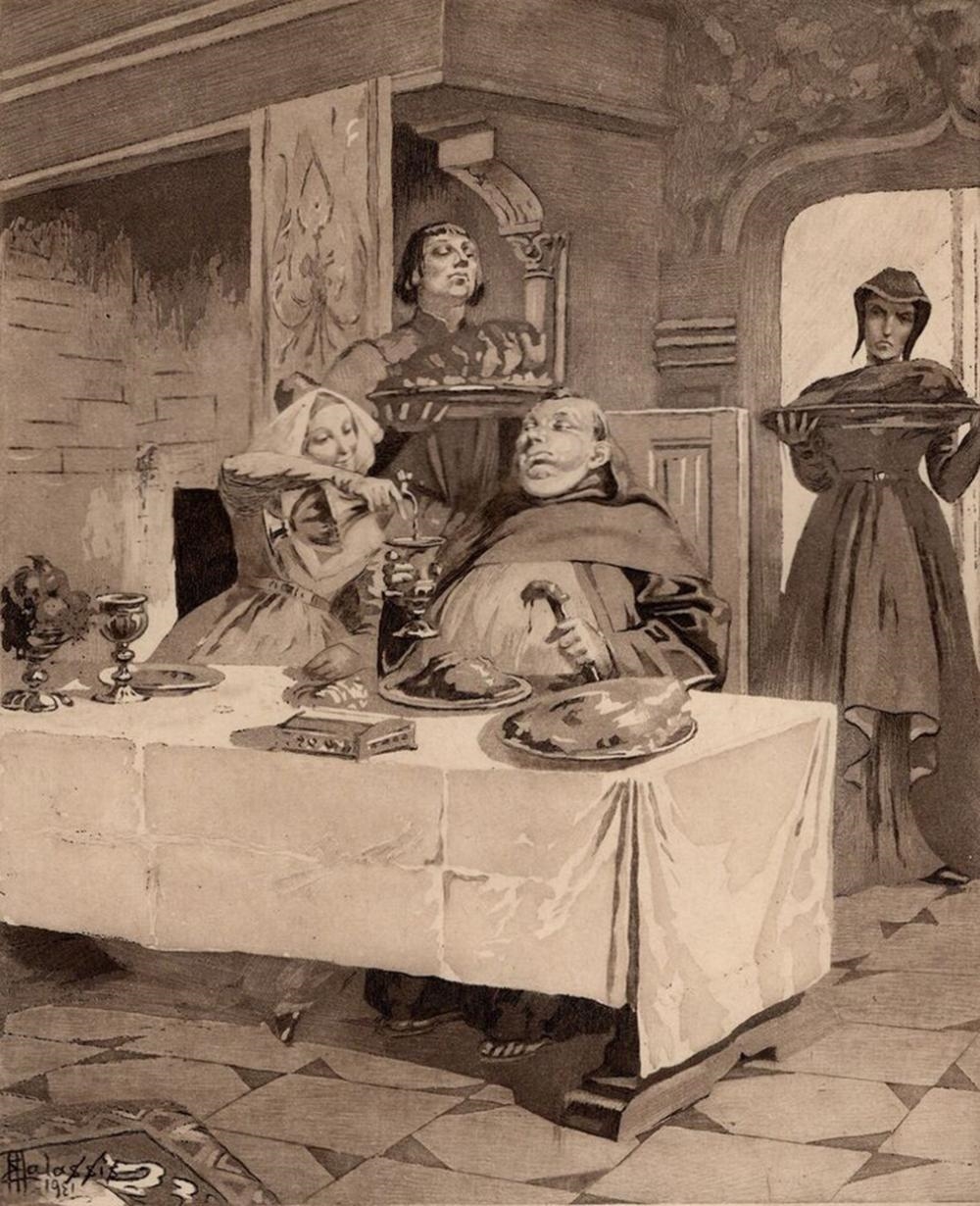 Artwork by Edmond Malassis, The Gentleman's Dinner Party III (Le dîner du Gentleman II, Made of Copper Plate Engraving In Black Ink On Velin Paper