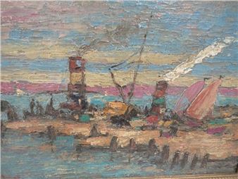 Impressionist coastal harbour scene with boats and figures - F. Boggs
