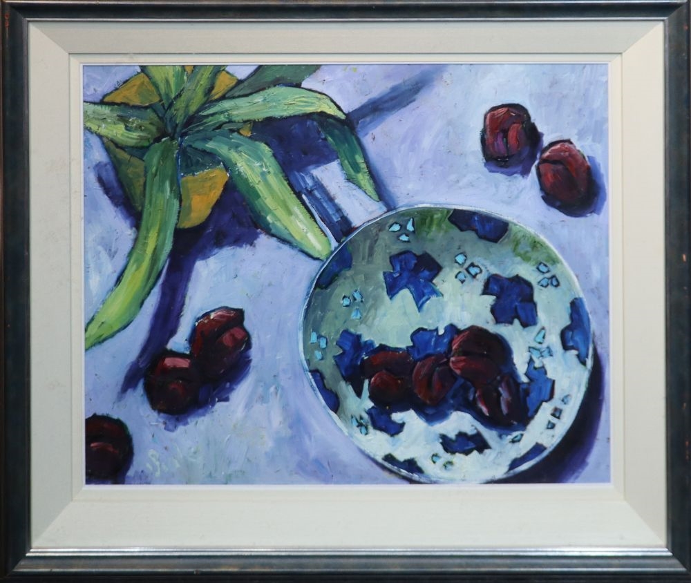 Artwork by Patrick Viale, BOWL WITH PLUMS, Made of Oil On Board