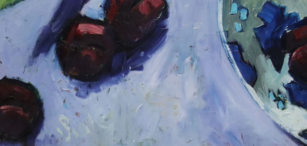 Artwork by Patrick Viale, BOWL WITH PLUMS, Made of Oil On Board