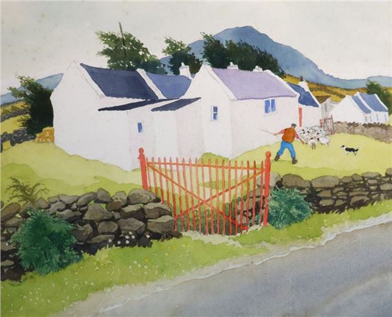 A watercolor landscape of a rural village with white cottages, a red gate, and a person herding sheep.