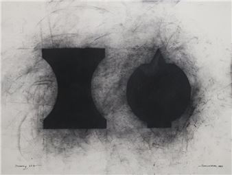 A monochromatic abstract work featuring two bold black geometric shapes against a textured, smudged background.