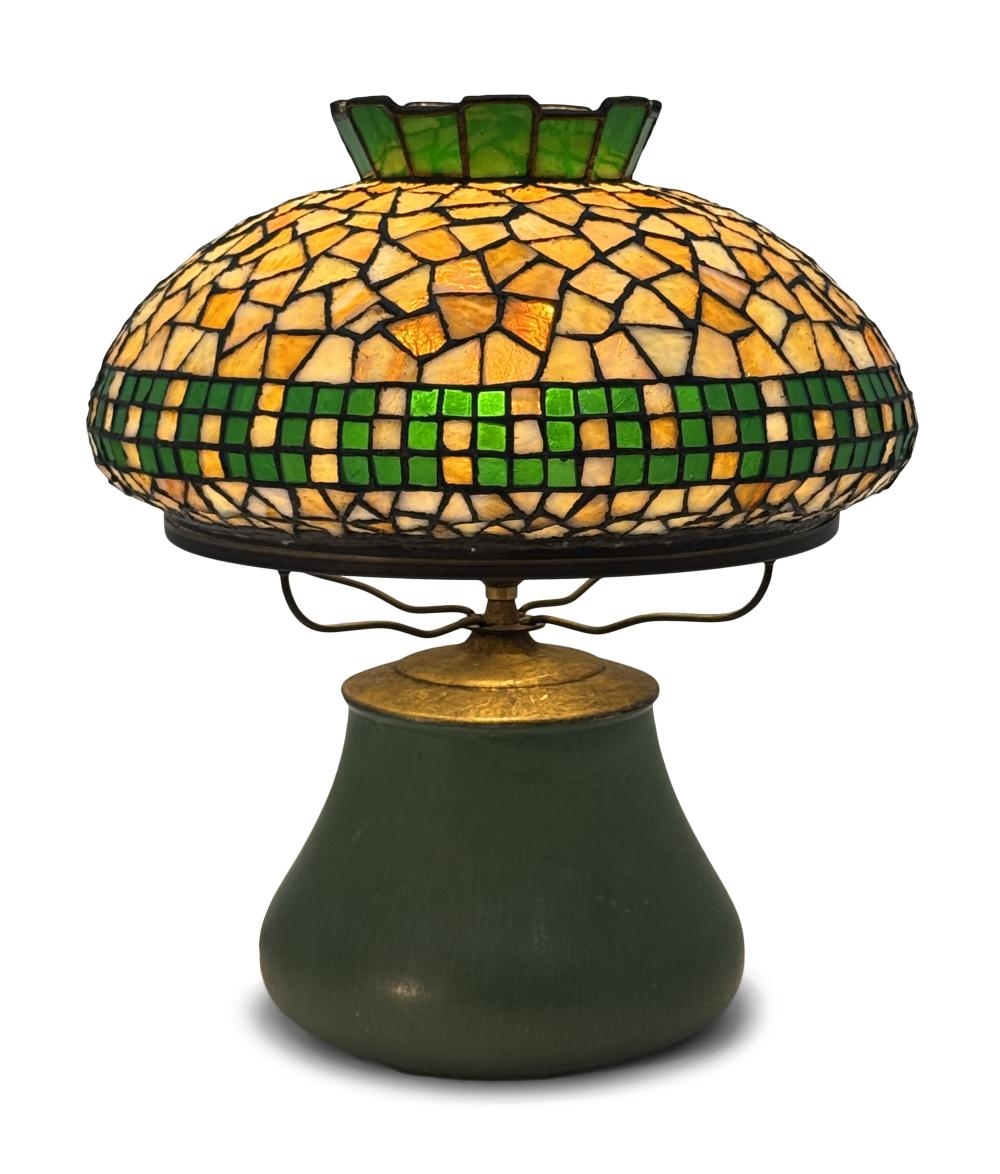 Artwork by Philip Semmer, Hampshire Geometric Table Lamp, Made of Leaded Glass, Patinated Metal, Pottery