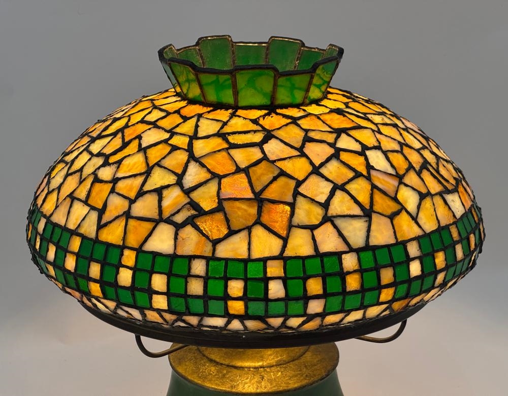 Artwork by Philip Semmer, Hampshire Geometric Table Lamp, Made of Leaded Glass, Patinated Metal, Pottery