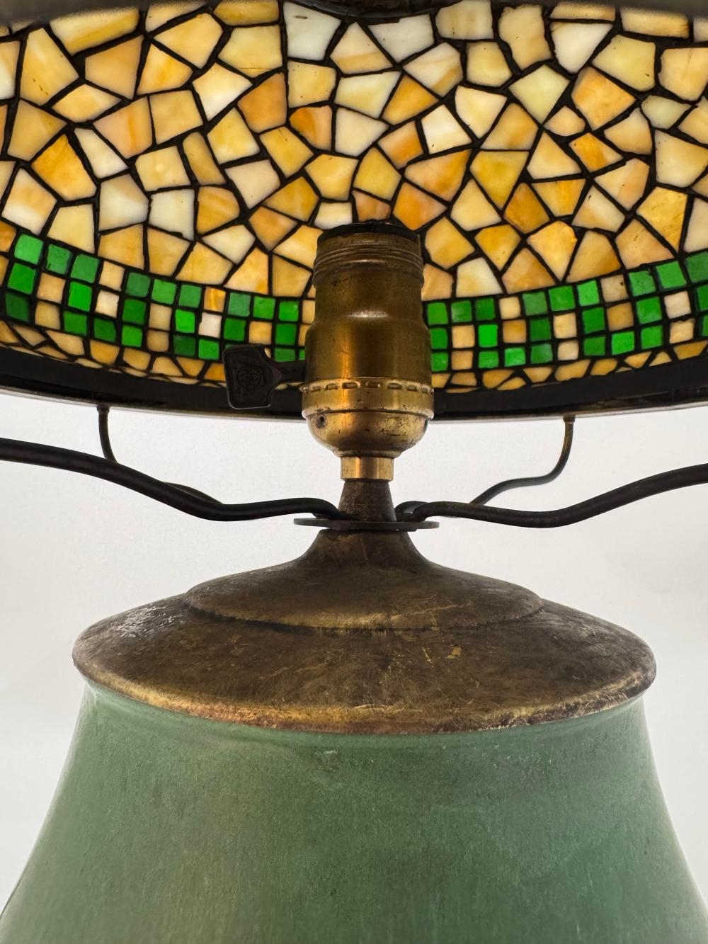 Artwork by Philip Semmer, Hampshire Geometric Table Lamp, Made of Leaded Glass, Patinated Metal, Pottery