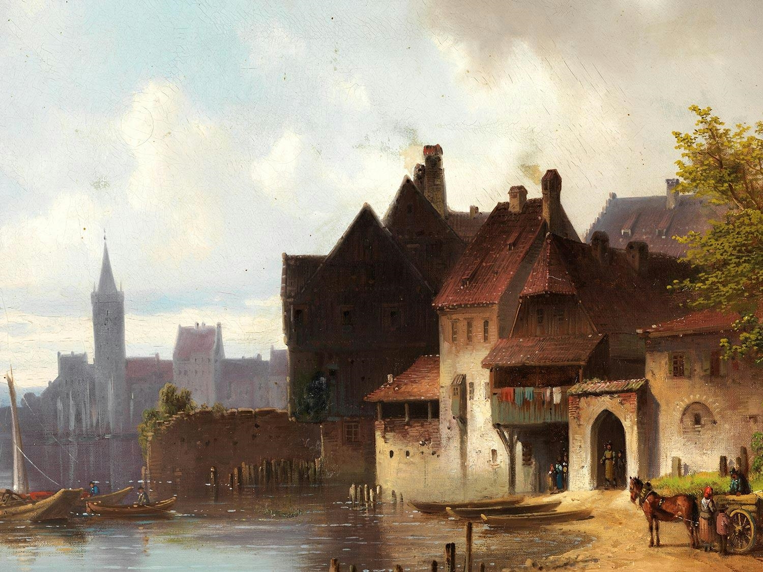 Artwork by Anton Doll, Im Sommerlicht eine Altstadt an einem See mit auf diesem befindlichen Segelschiffen, Made of oil on canvas