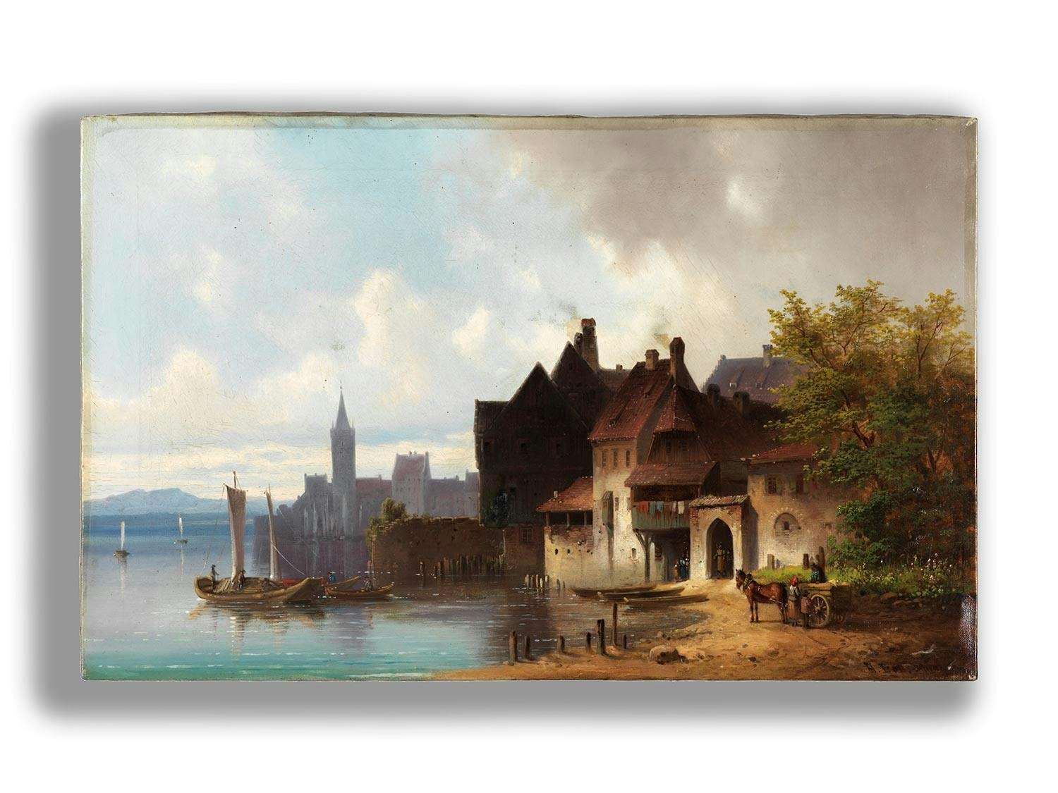 Artwork by Anton Doll, Im Sommerlicht eine Altstadt an einem See mit auf diesem befindlichen Segelschiffen, Made of oil on canvas