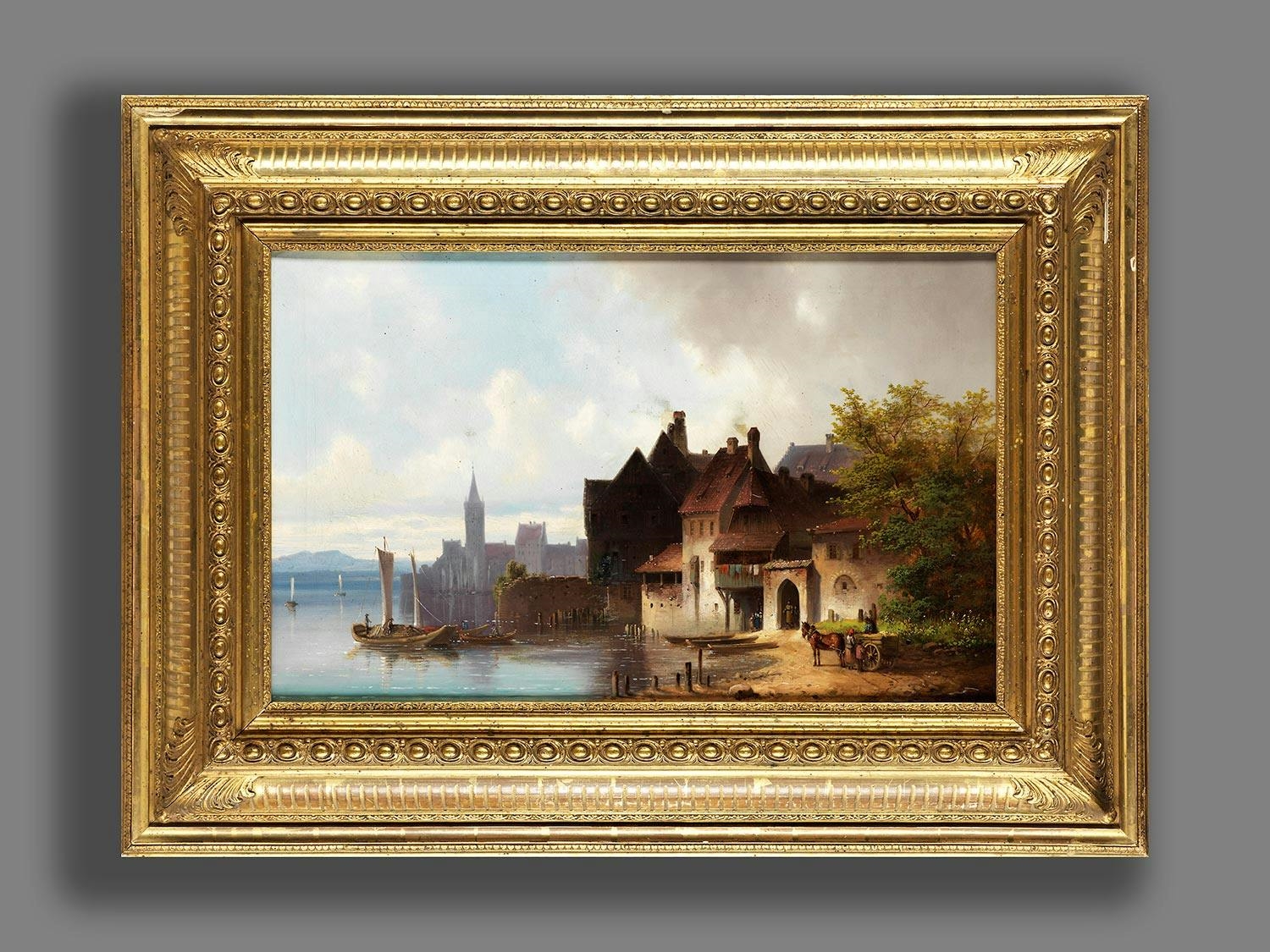 Artwork by Anton Doll, Im Sommerlicht eine Altstadt an einem See mit auf diesem befindlichen Segelschiffen, Made of oil on canvas