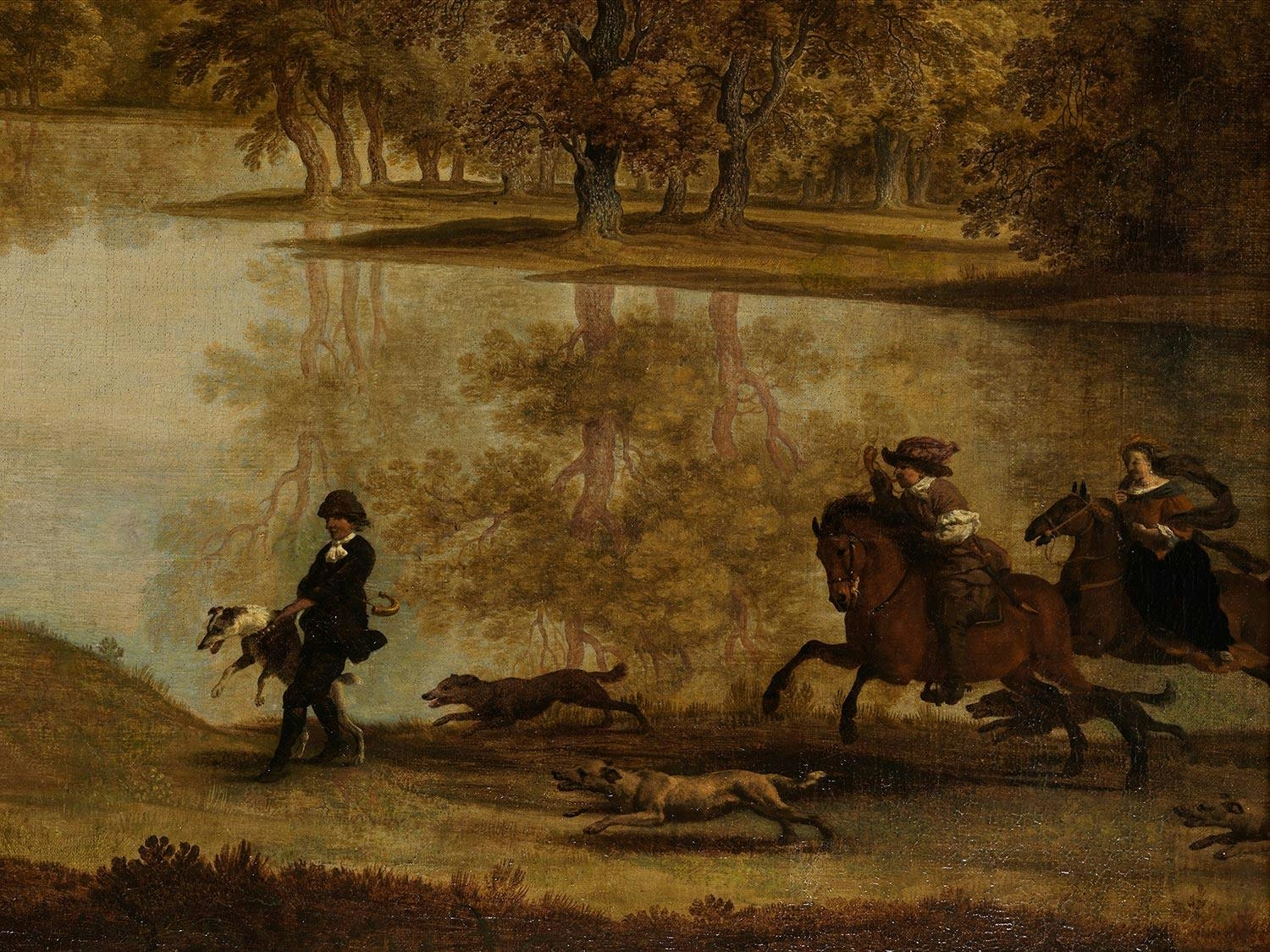 Artwork by Alexander Keirincx, HILLY RIVER LANDSCAPE WITH HUNTING SCENE, Made of Oil On Canvas