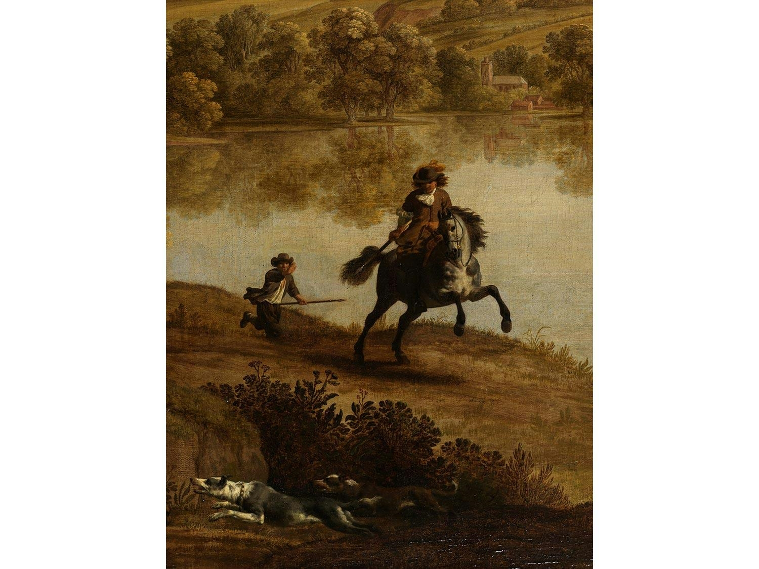 Artwork by Alexander Keirincx, HILLY RIVER LANDSCAPE WITH HUNTING SCENE, Made of Oil On Canvas