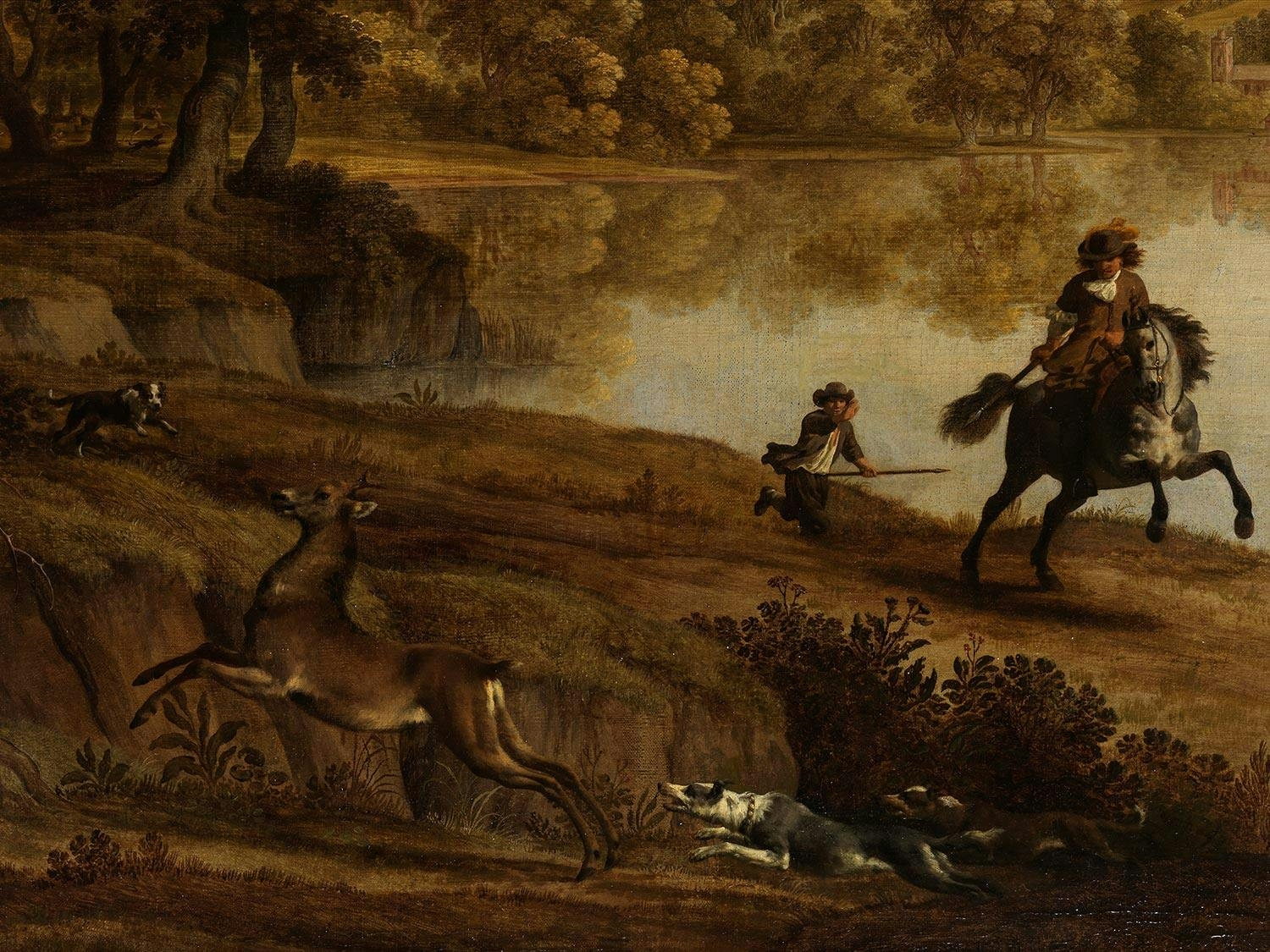 Artwork by Alexander Keirincx, HILLY RIVER LANDSCAPE WITH HUNTING SCENE, Made of Oil On Canvas