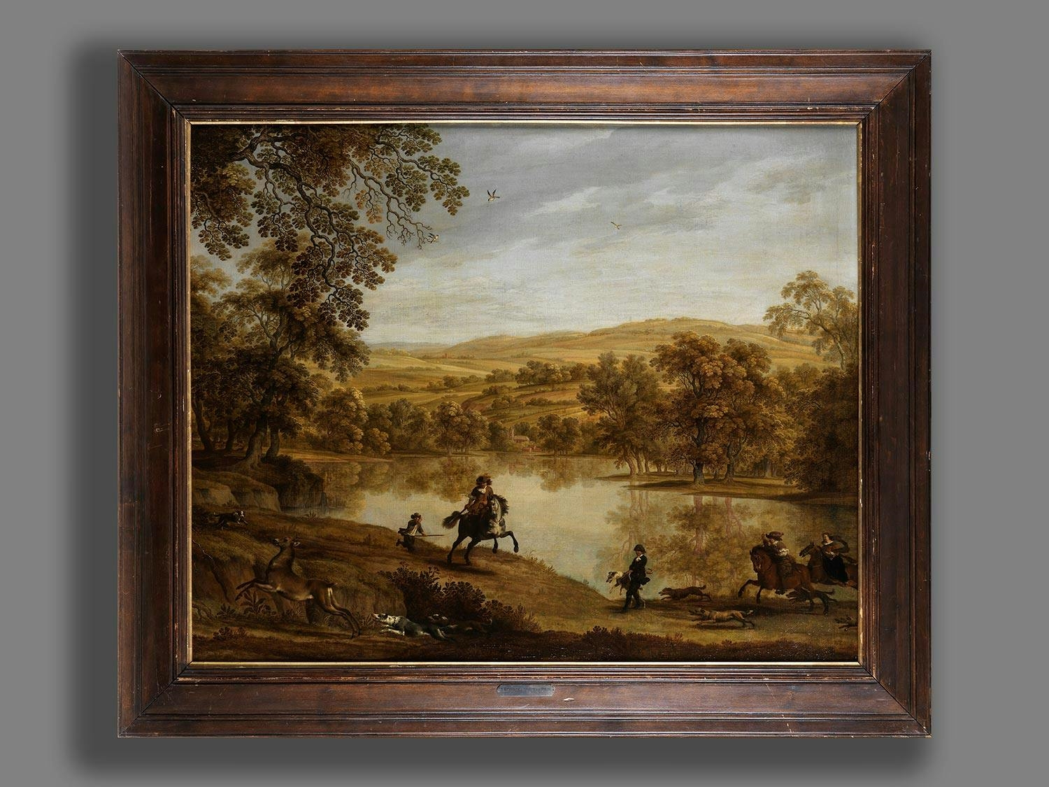 Artwork by Alexander Keirincx, HILLY RIVER LANDSCAPE WITH HUNTING SCENE, Made of Oil On Canvas