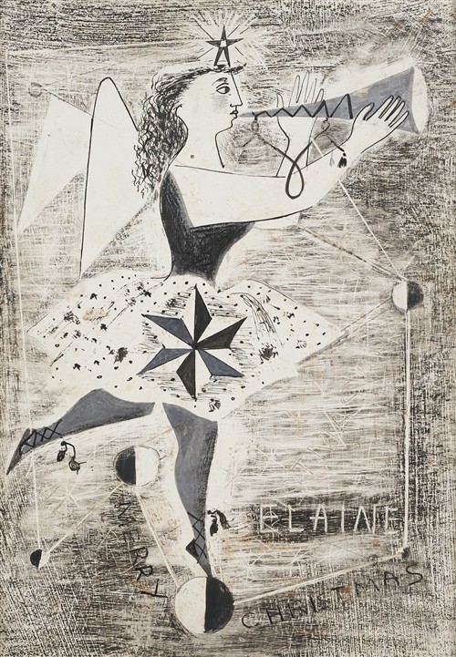 Artwork by Elaine Haxton, Angel with Horn (Merry Christmas, Made of Ink And Gouache On Board With Sgraffito On Paper On Cardboard