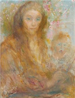 A painting of a woman holding a child in her arms.