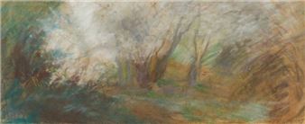 a painting of a wooded area with trees in the background