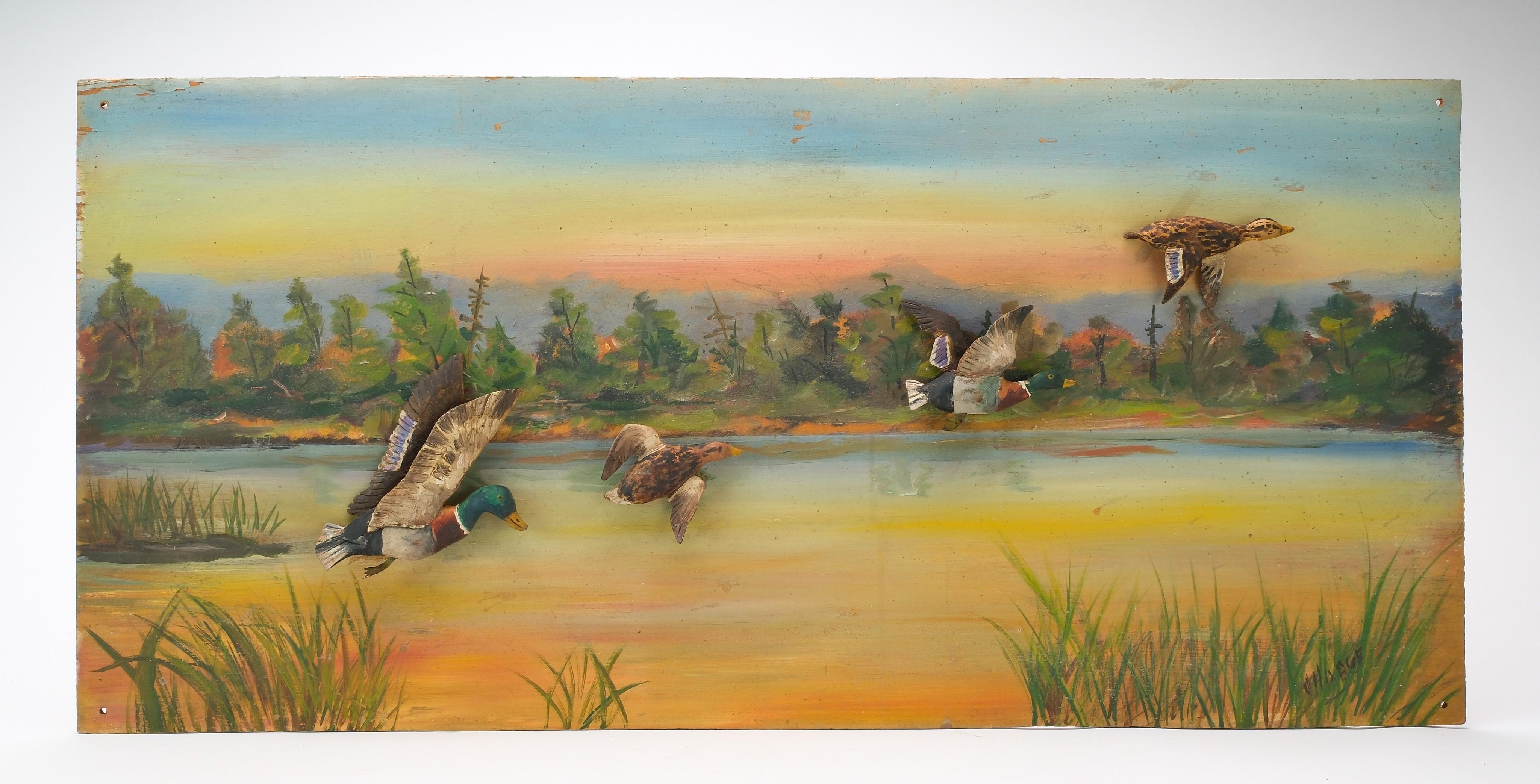 Artwork by John Hodge, Four miniature flying mallard, Made of painted plywood backboard