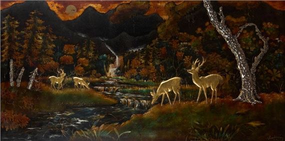 Polychrome lacquered wood panel with mother-of-pearl inlays - Thanh Quang