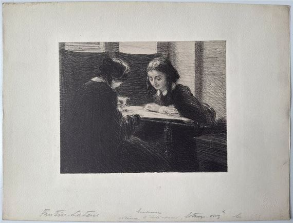 A black and white drawing of two women sitting at a table.