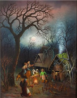 Country village scenes with peasants gathering around open fires - Bojan Bjelo Vuk