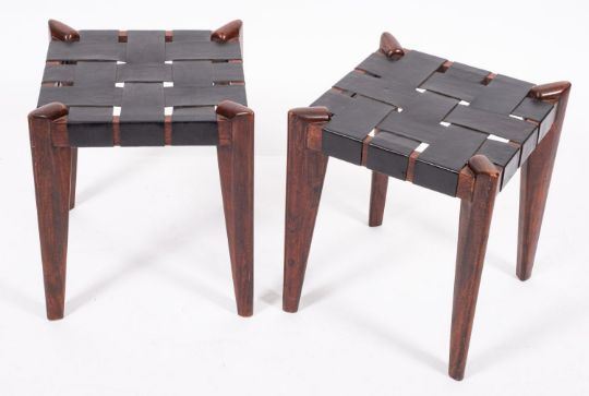 Edmund Spence | a pair of teak and leather strapworked stools | MutualArt