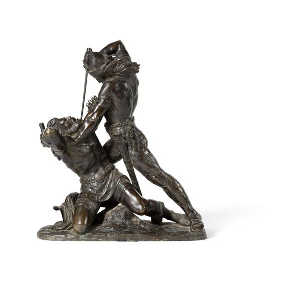 BRONZE FIGURE GROUP OF TWO BATTLING VIKINGS by Jean-Jacques Feuchere, late 19th Century/ early 20th Century