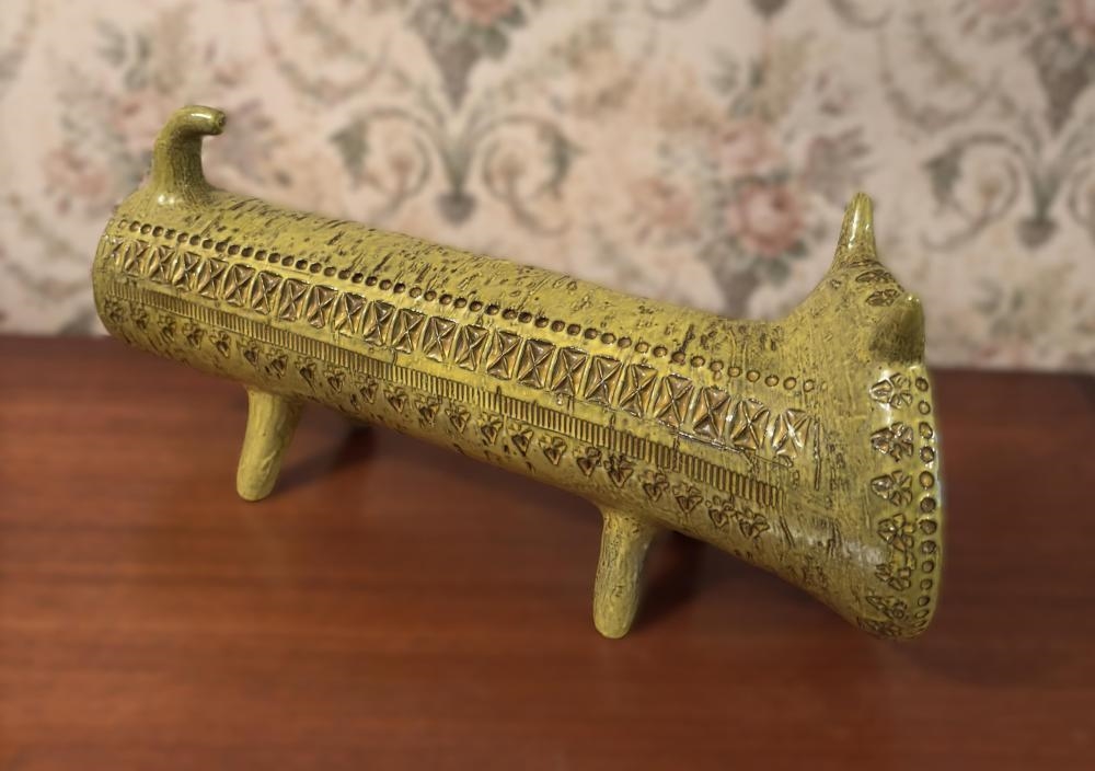 Artwork by Aldo Londi, Yellow Glazed Ceramic Cat, Made of Ceramic