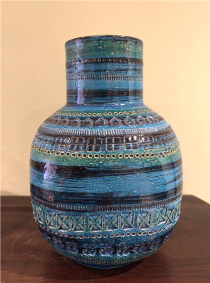 Blue Glazed Ceramic Vase with Incised Square Detail