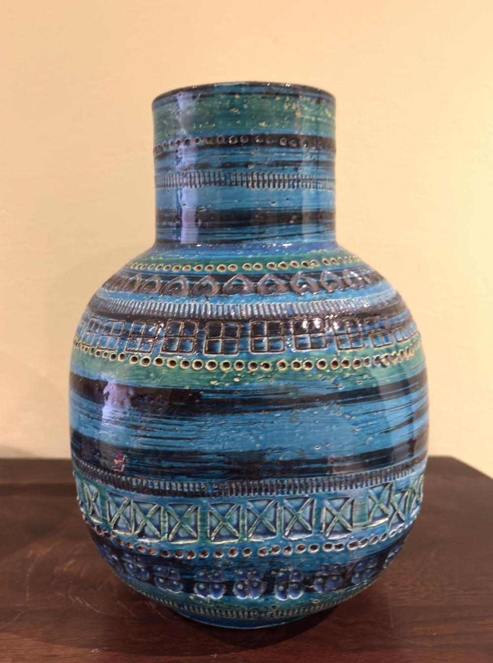 Artwork by Aldo Londi, Blue Glazed Ceramic Vase with Incised Square Detail, Made of Ceramic