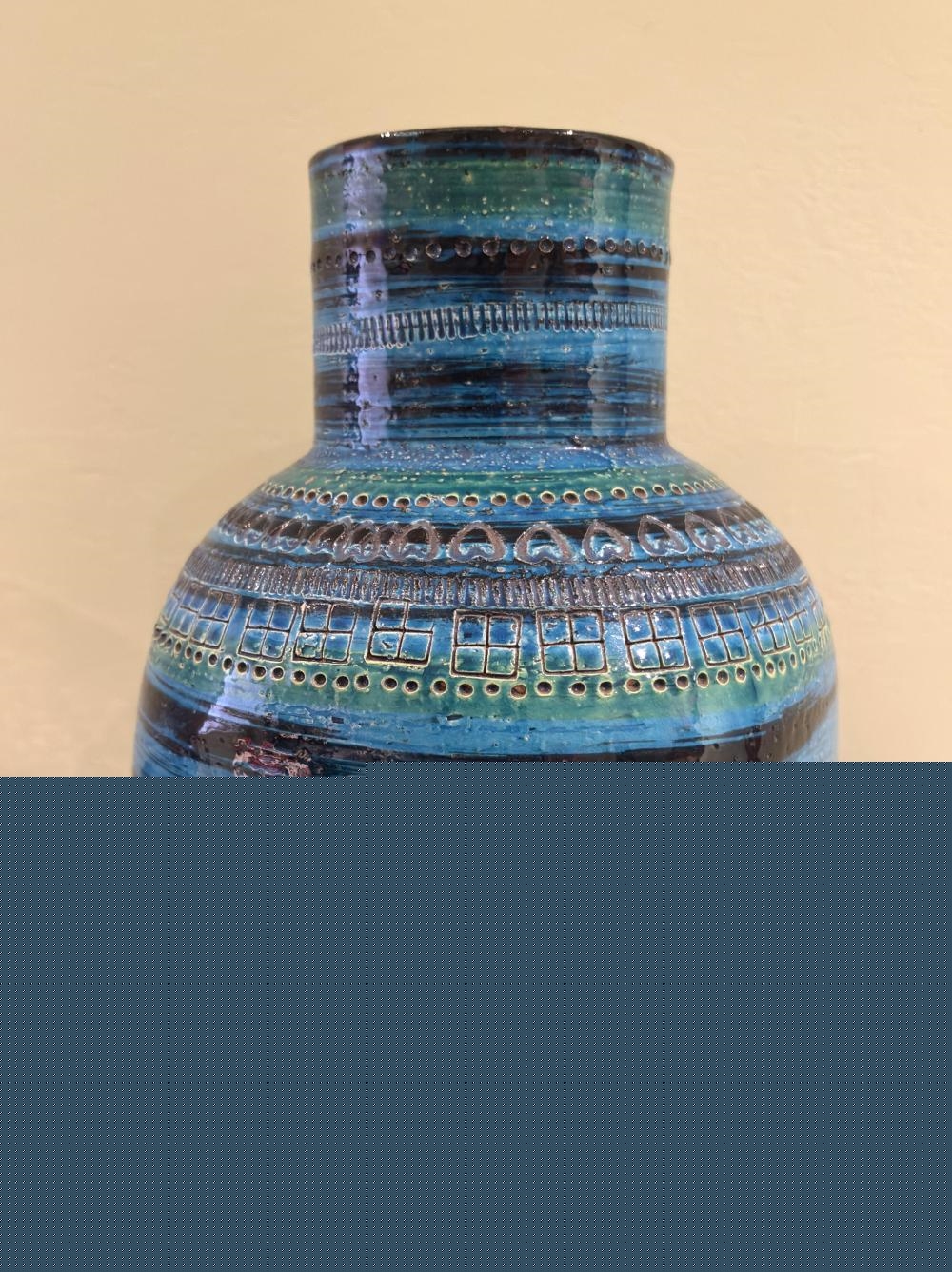 Artwork by Aldo Londi, Blue Glazed Ceramic Vase with Incised Square Detail, Made of Ceramic
