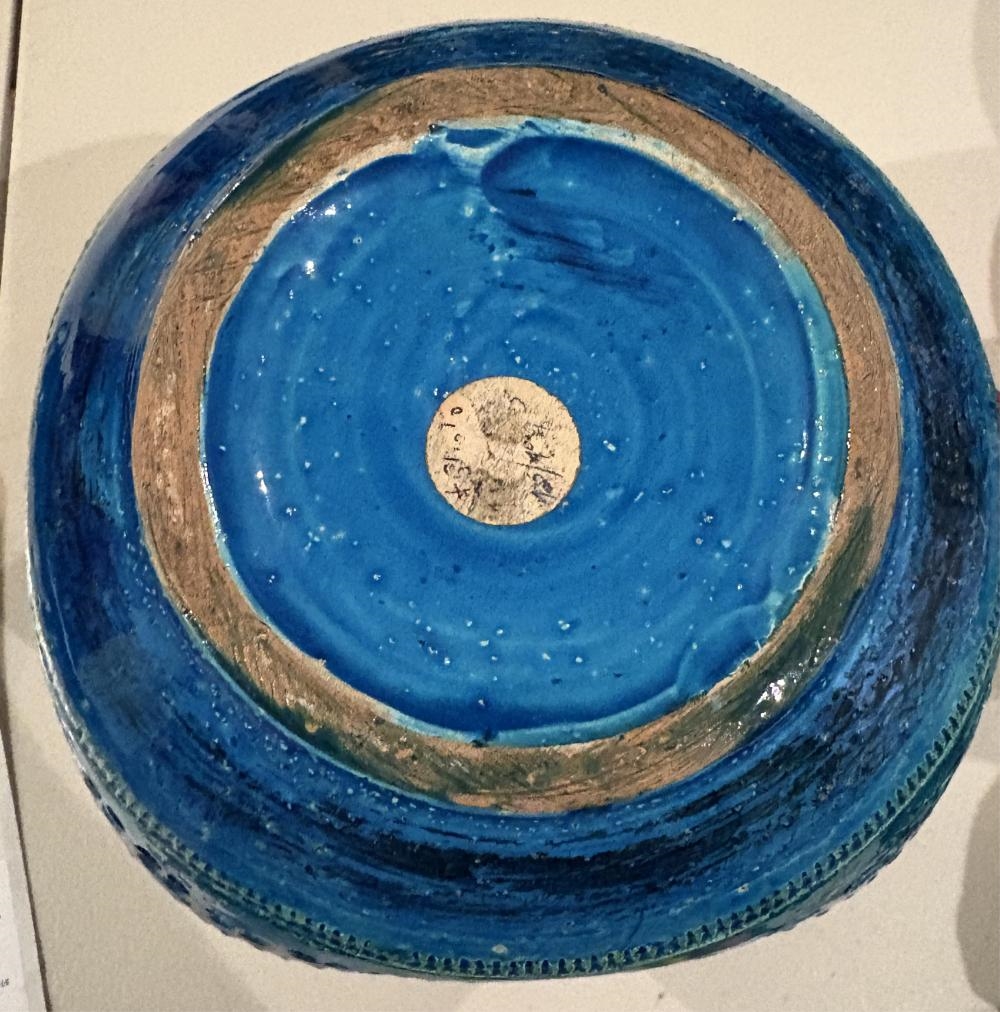 Artwork by Aldo Londi, Blue Glazed Ceramic Vase with Incised Square Detail, Made of Ceramic