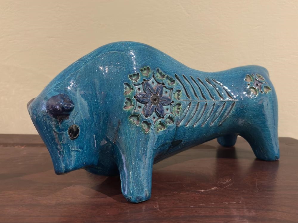 Artwork by Aldo Londi, Blue Glazed Ceramic Bull, Made of Ceramic