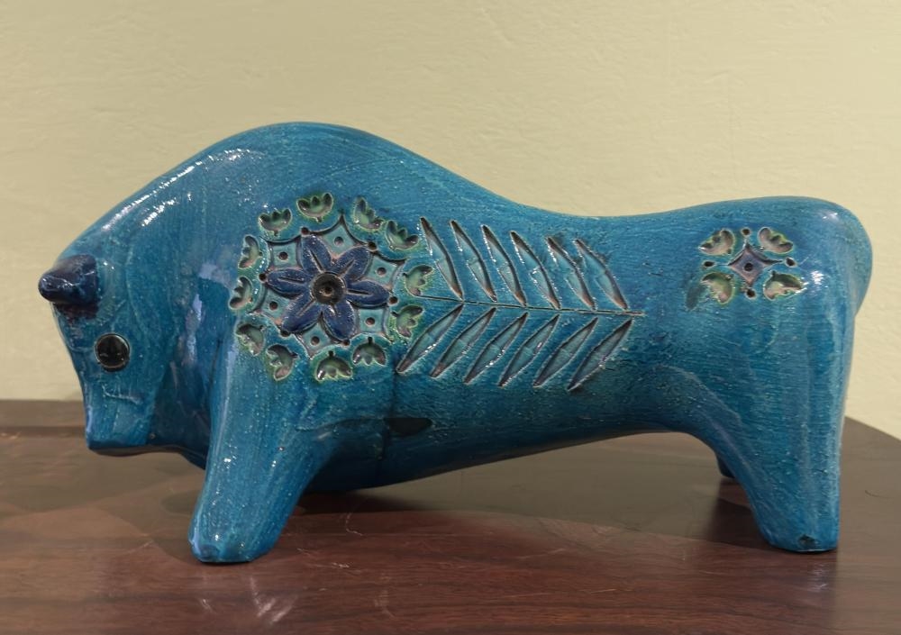 Artwork by Aldo Londi, Blue Glazed Ceramic Bull, Made of Ceramic