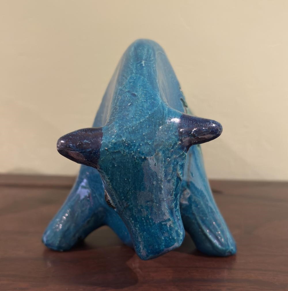Artwork by Aldo Londi, Blue Glazed Ceramic Bull, Made of Ceramic