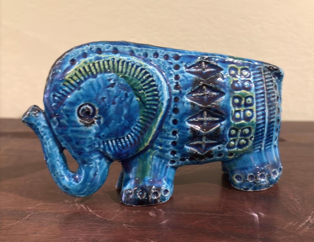 Artwork by Aldo Londi, Blue Glazed Ceramic Elephant, Made of Ceramic