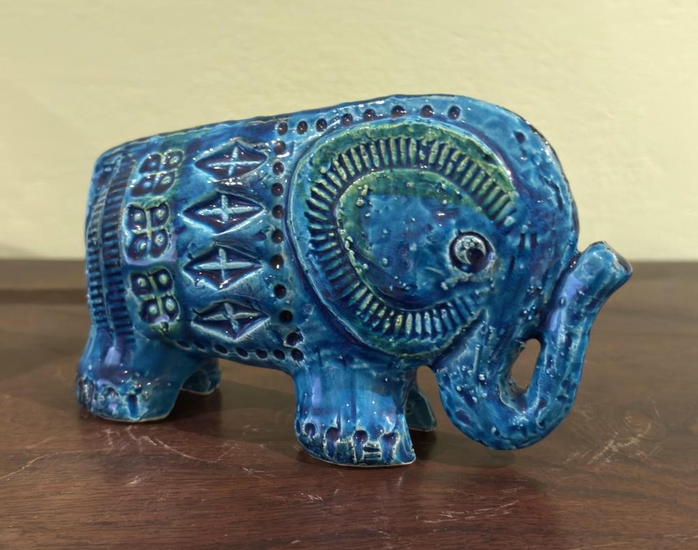 Artwork by Aldo Londi, Blue Glazed Ceramic Elephant, Made of Ceramic