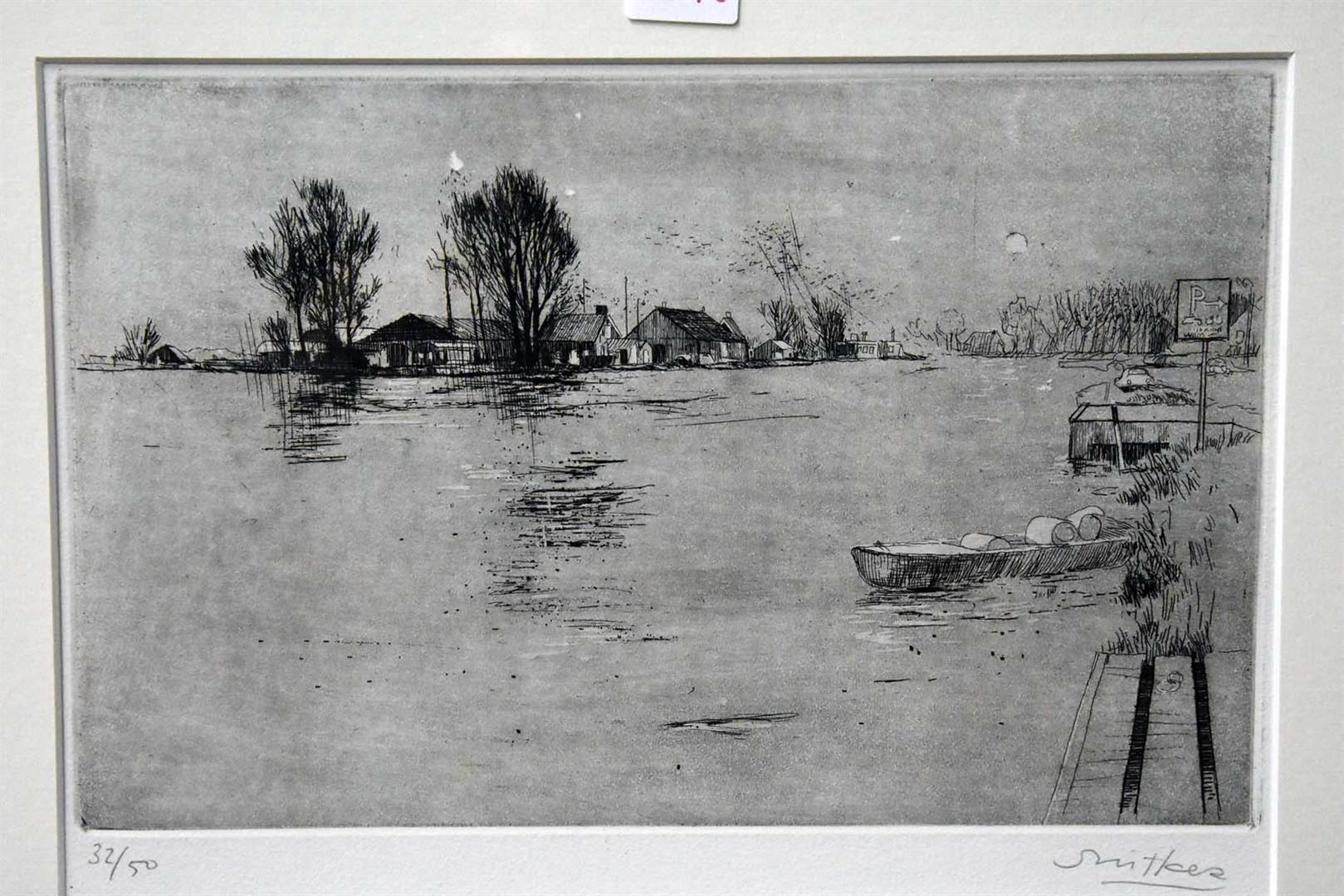 Artwork by Willem Snitker, Boerderij aan het water, Made of etching