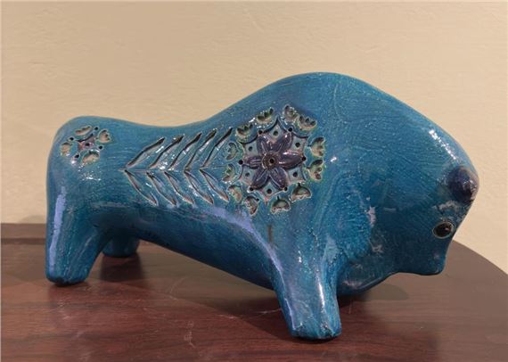Blue Glazed Ceramic Bull by Aldo Londi, c.1960's