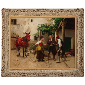 Woman with a decorated horse and gentlemen in a courtyard 18 x 22 3/4in (45.7 x 57.8cm); framed 23 x 27in (58.5 x 68.5cm - Jules Worms