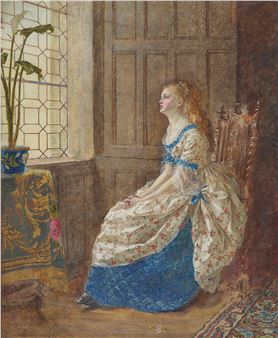 A woman in a floral dress sits by a window, gazing upward with a serene expression.