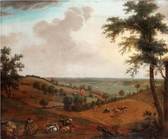 A drover with his herd in a hilly landscape, before a country house unframed - Charles Catton the Elder