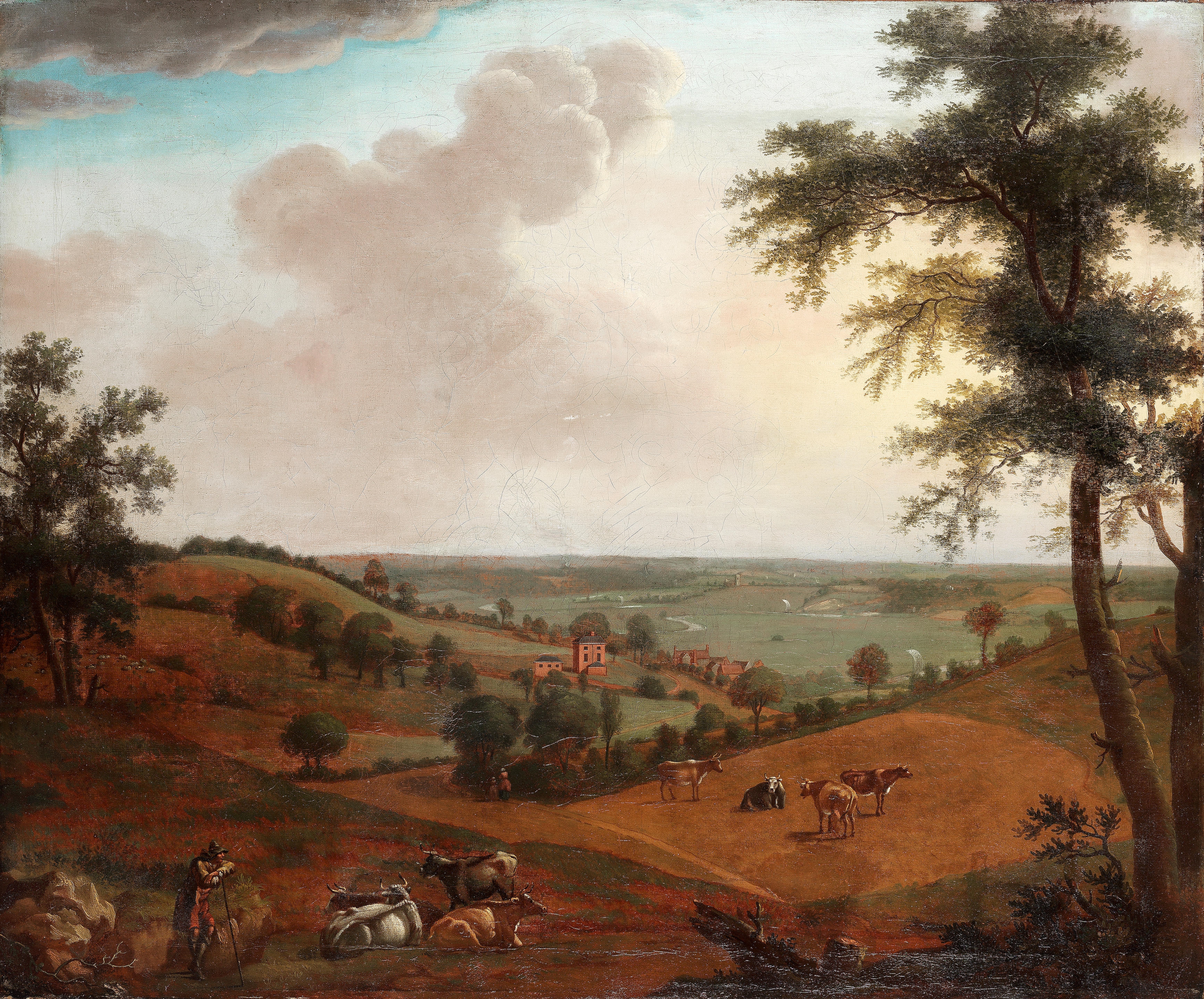 Artwork by Charles Catton the Elder, A drover with his herd in a hilly landscape, before a country house unframed, Made of oil on canvas