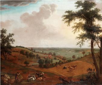 A drover with his herd in a hilly landscape, before a country house unframed - Charles Catton the Elder