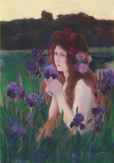 Girl with iris flowers by Michel Korochansky, early XX century
